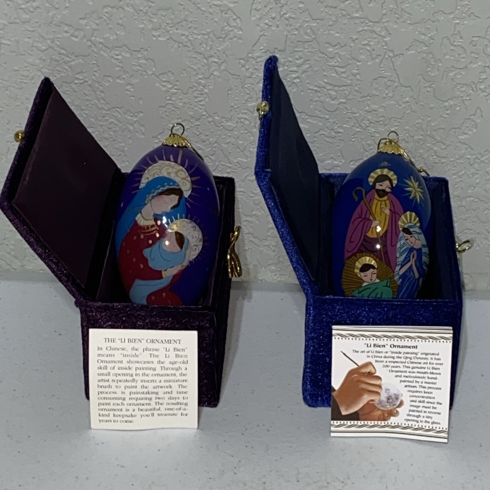 Lot Of 2 Li Bien Christmas Ornaments Glass Teardrop Mary Jesus Nativity In Box